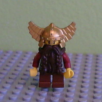 LEGO Minifigure-Fantasy Era - Dwarf, Dark Brown Beard, Metallic Gold Helmet with Wings, Dark Red Arms, Vertical Cheek Lines-Castle / Fantasy Era-CAS394-Creative Brick Builders